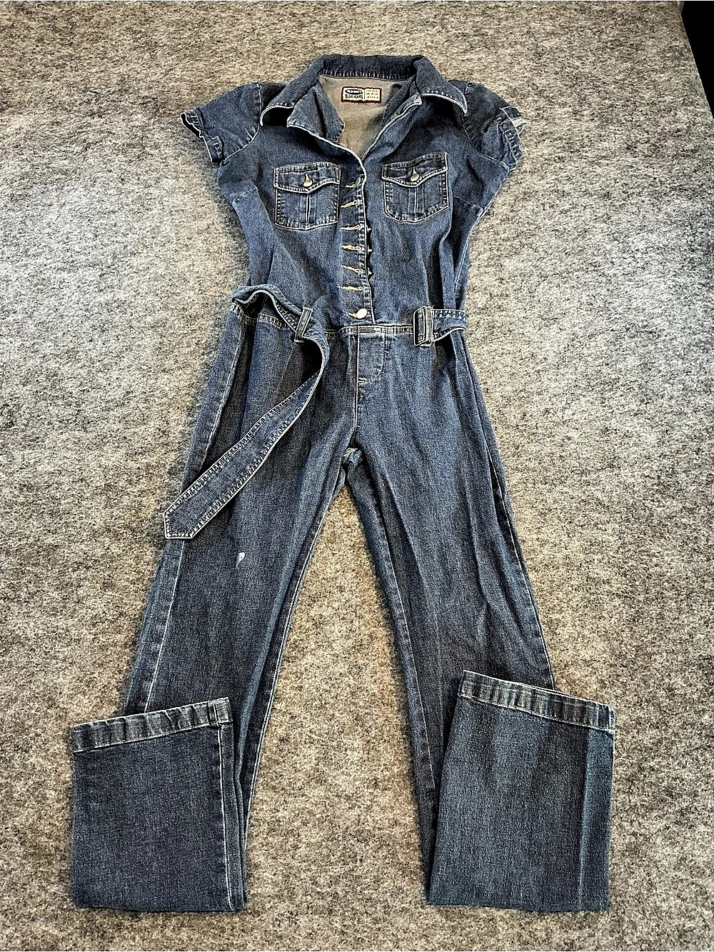 Old Navy VINTAGE Y2K Western Tie-Belt Short-Sleeve Jean Jumpsuit in Blue